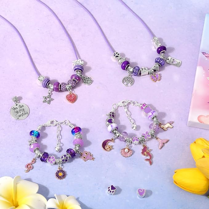Flasoo DIY Charm Bracelet Making Kit for Girls, Jewelry Making Kit with Unicorn Mermaid Purple Stuff Craft Gift for Birthday, Christmas, New Year