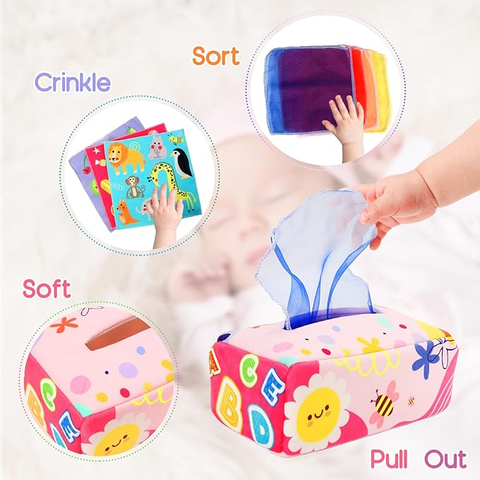 Baby Tissue Box - Montessori Toys for 6-12 Months, 1 Year Old - Soft Stuffed High Contrast Crinkle Infant Sensory Toy, Boys&Girls Toddler Early Learning Baby Gifts