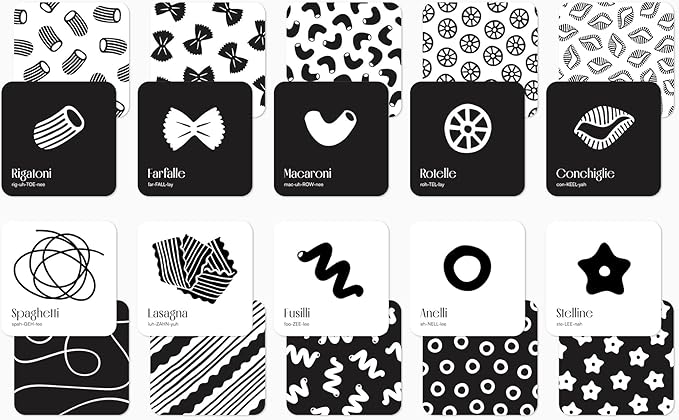 Pasta for Baby High Contrast Cards Sensory Toy Learning Activity Large Black and White Flash Cards Newborn Tummy Time Play 0+ Months Infant Essentials Curious Baby Activity Gift Set
