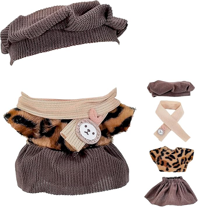 17cm Doll Clothes Set, Compatible with Labubu, Floral Dress with Lace Trim, Headband & Bear Charm Accessory (NO Doll) (Leopard Print)