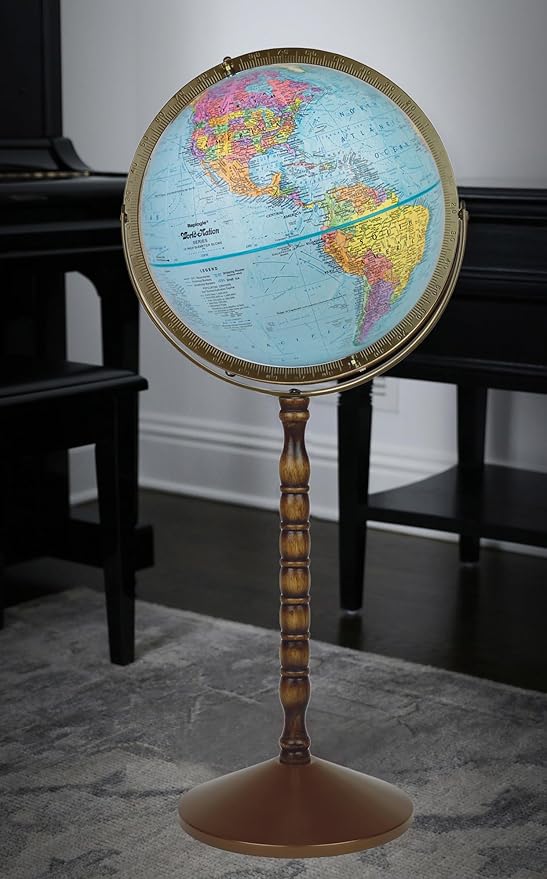 Treasury 12" Diameter Globe, USA Cartography, Convertible to Desktop with Raised Mountain Relief and Sturdy Metal Base and Hand Turned Hard Wood Stand.This economical 12” floor model stands 32” high on a durable metal base and attractive wooden pedesta...