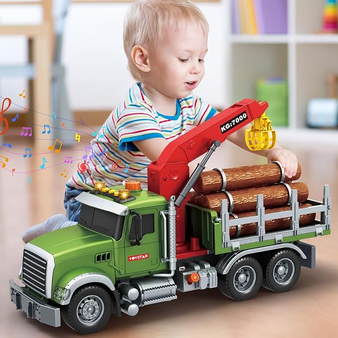 Mostop Logging Truck Kids Toy for 3 4 5 6 7 8 Year Old Boys, 15’’ Farm Logging Truck with Crane and 6 Trunks, Lights, Sounds, Friction Powered Timber Transport Log Tow Truck Toy Birthday Gift