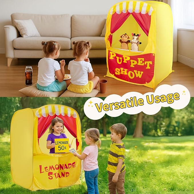 Alvantor Pop Up Puppet Show Theater & Lemonade Stand, Pretend Playhouse Kids Play Tent, Puppet Stage Tabletop Sets for Toddlers Curtain Fordable, Indoor & Outdoor Children Drama 29"X29"X43"H, 1 pc
