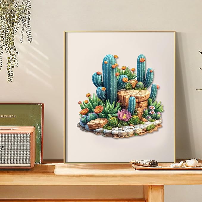 delobil Succulent Cactus Wooden Puzzles for Adults, 500 Pieces Jigsaw Puzzles, Unique Shaped Medium Size Liberty Wood Puzzle Gift for Adults and Kids, Family Game 16.7'' x 16.2''