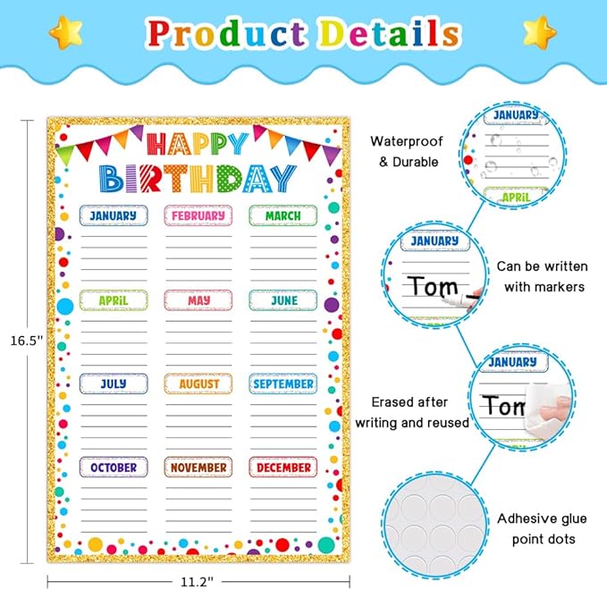 FLYAB Confetti Happy Birthday Chart for Classroom - Celebration Poster for Kids Back To School Bulletin Board Decorations Teacher Supplies