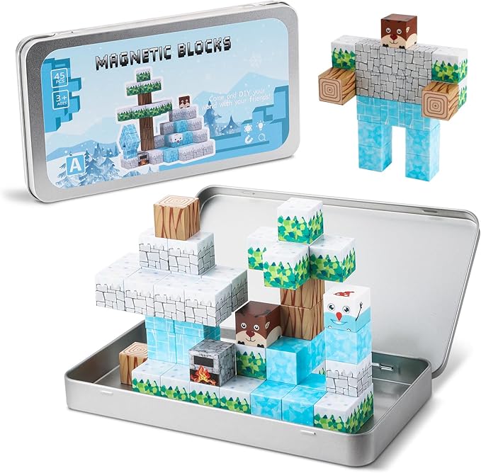 Mini Magnetic Blocks, Travel Magnet Building Toys for Kids, 45 PCS Magnetic Block Toys with Iron Box, Educational STEM Toys for Boy Girl Age 3 4 5 6 7 8 Years Old