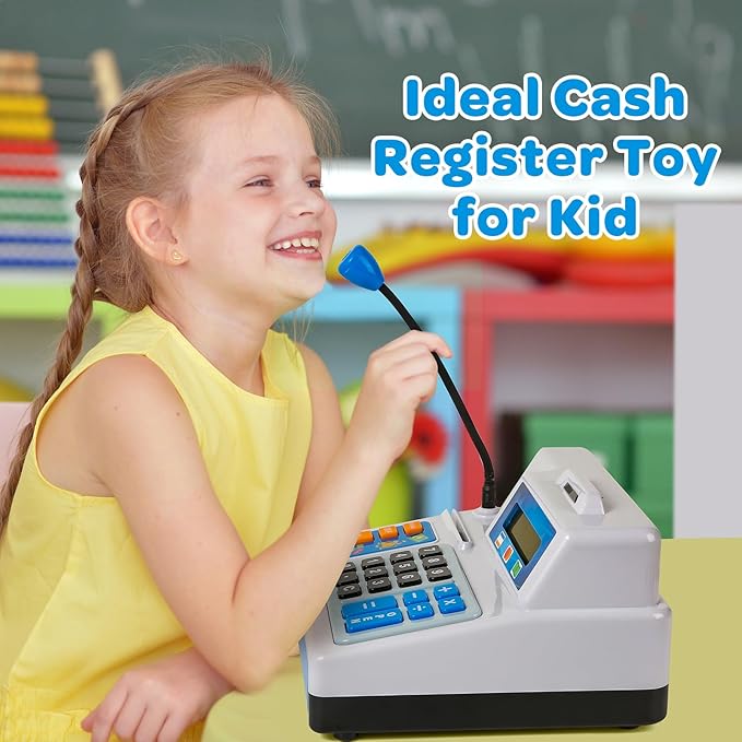 Calculator Cash Register Toy Gift for Kids Age 3, 4, 5, 6, 7, 8+ Year Old, 103 Pcs Grocery Store Playset with Microphone, Credit Card, Cash Register for Toddlers Kids 4-8