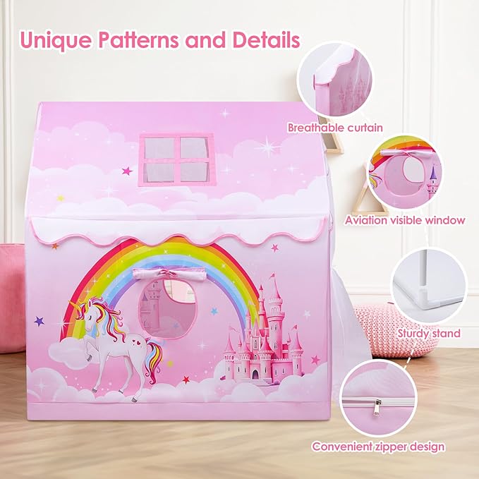 Kids Play Tent Pink Princess Tent for Girls, Large and Foldable Kids Playhouse with Windows, Portable and Lightweight Playtent Indoor &Outdoor for Gift to Toddlers