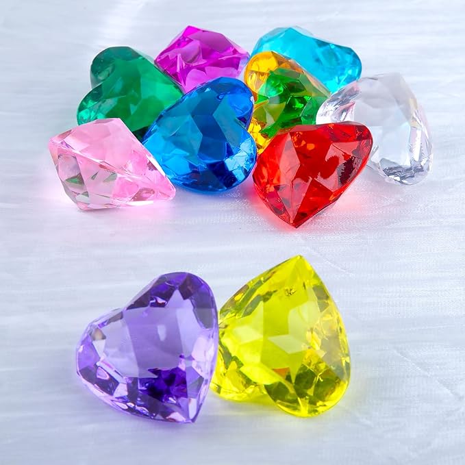 Niceup 56pcs Heart and Diamond Diving Gems 1.57in Tressure Box Easter Egg Filler Princess Party Decoration Favors Crystal Acrylic Heart Shape Gemstones for Summer Swimming Training Pool Toys