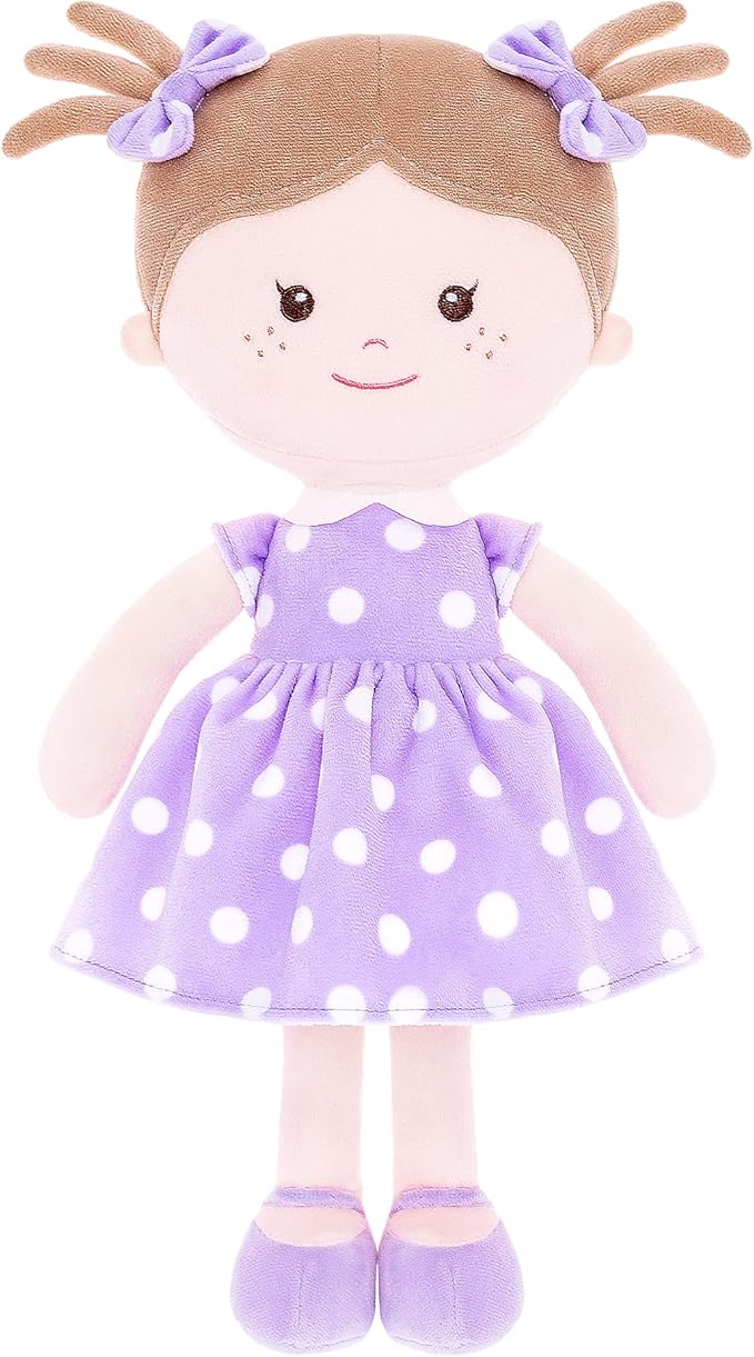 Onetoo Plush Rag Doll First Baby Doll Soft Baby Doll Sleeping Cuddle Buddy Doll for Girls Wear Purple Polka Dot Dress 14"（Milly Series）