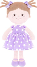 Onetoo Plush Rag Doll First Baby Doll Soft Baby Doll Sleeping Cuddle Buddy Doll for Girls Wear Purple Polka Dot Dress 14"（Milly Series）