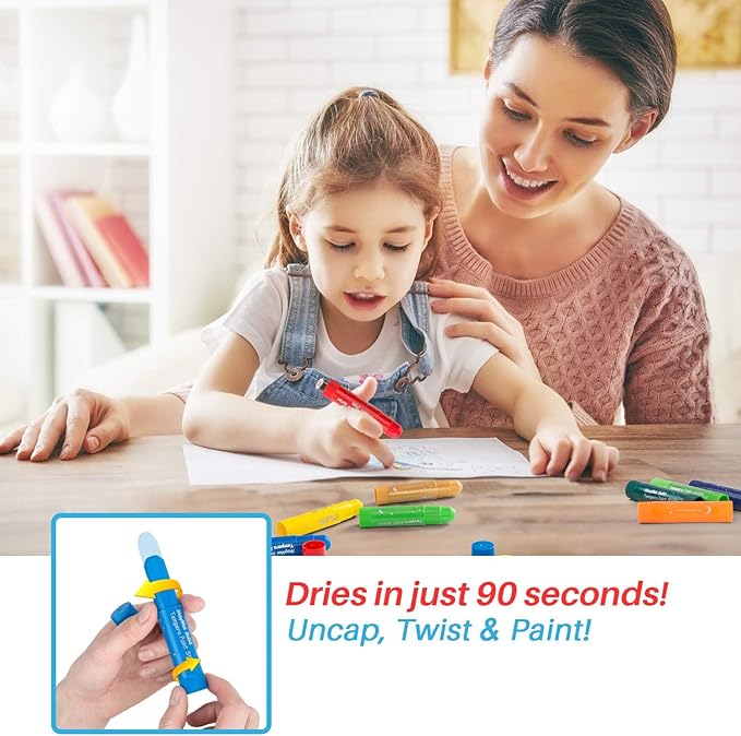 Tempera Paint Sticks - 12 Bright Colors, Quick Drying, Easy to Color and Washable Crayons for Kids and Students