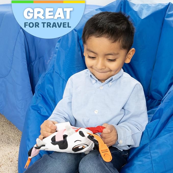 Buckle Toys Bessie Cow Stuffed Animal Plush Montessori Toys for Toddlers 1-3 Sensory Toys to Develop Fine Motor Skills and Learn Shapes and Colors, Travel Essentials for Kids, Includes Storage Pocket