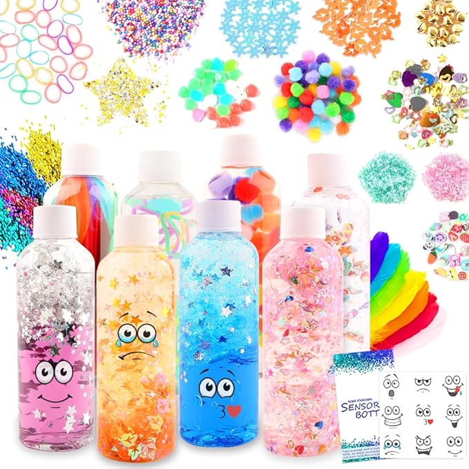 Calm Down Sensory Bottles for Calm Down Corner Items, Calming Sensory Toys, Sensory Bottles for Social Emotional Learning with Glitter Pom Poms and More