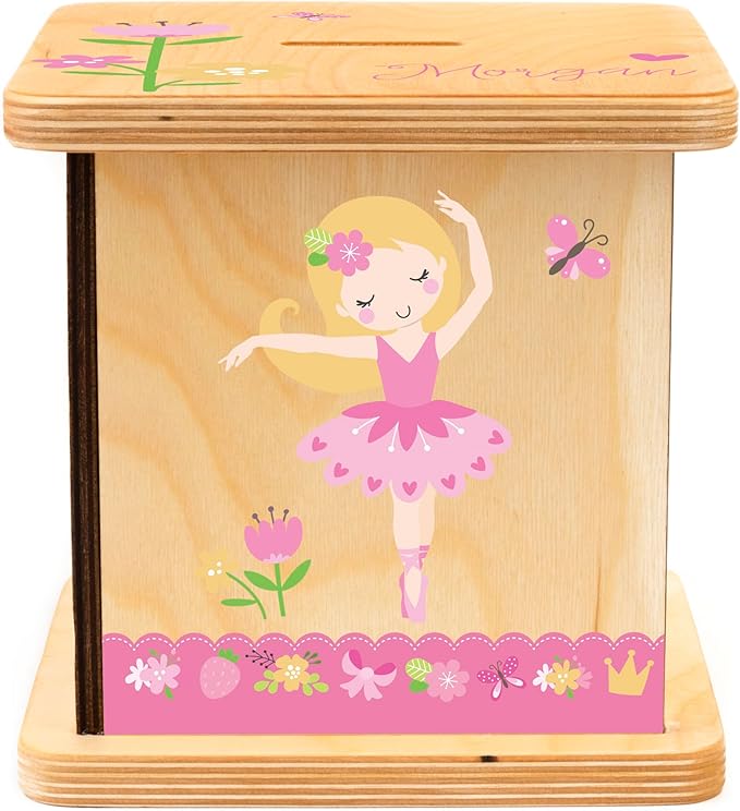 Wooden Piggy Bank for Kids and Adults, Personalized Gift Handmade in USA by BloomOwl, Custom Piggy Bank, Personalized Banks for Kids, Gifts for Baby Boys and Girls (Dance)