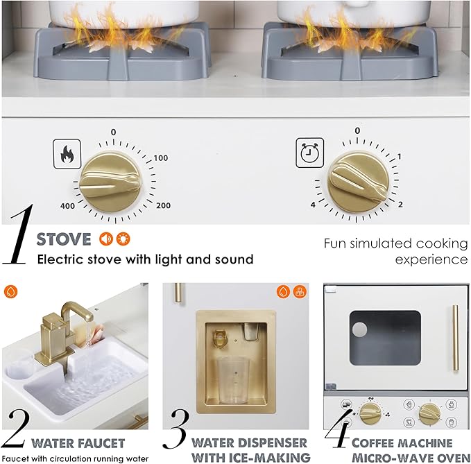 Large Wooden Corner Toy Kitchen Playsets with Real Running Water, 2 in 1 Water Dispenser with Ice Maker, Play Stove with Light and Sounds for Toddlers, Preschoolers, Children Age 3+ Years