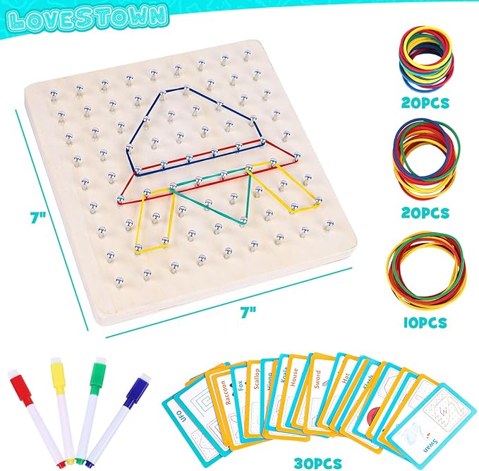LovesTown Wooden Geoboard Montessori Toys for Kids Graphical Geo Board with Rubber Bands Educational Brain Teaser Toys for Boys Girls