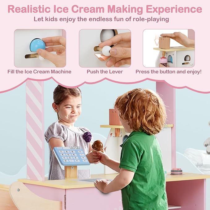 Costzon Ice Cream Cart, Wooden Grocery Store w/Vending Machine, Play Food, Display Rack & Shelves, Swivel Wheels, Push Handle, Ice Cream Truck, Market Stand Pretend Playset for Kids Ages 3+ (Pink)