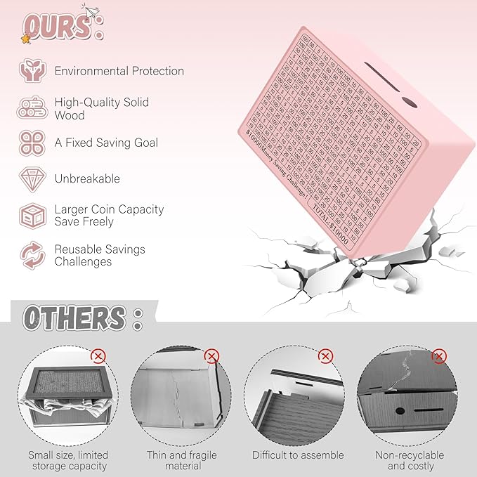 Wooden Cash Savings Box with Counter, Vault Bank for $10000 $5000 $3000 $1000 $800 $500 Target Money Challenge, Reusable Money Box with Dry Erase Pen/Savings Trackers/Rubber Band-Pink
