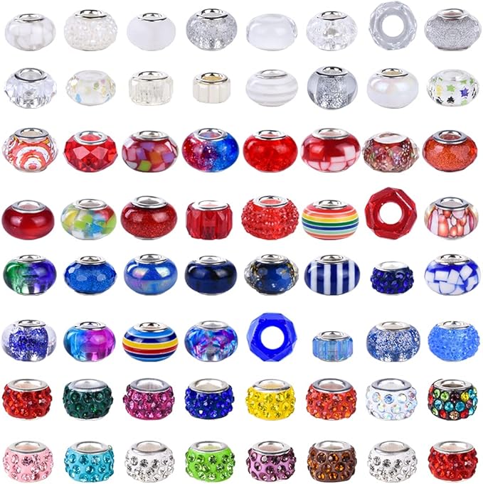 Aipridy Assortment European Large Hole Beads Spacer Beads Rhinestone Craft Beads for DIY Charms Bracelet Jewelry Making (Blue-Red-White)