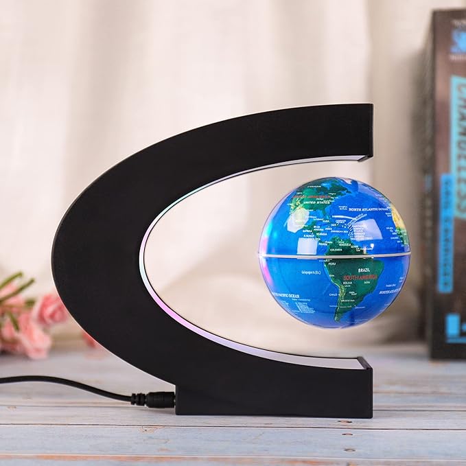 Floating Globe with Colored LED Lights C Shape Anti Gravity Magnetic Levitation Rotating World Map with Touch Switch for Gift Home Office Desk Decoration with Switch (Blue)