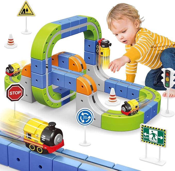 Magnetic Track Car Toys, 69PCS Flexible Race Car Track Sets for Toddlers with Electric Train, Traffic Signs, Kids Train Set Toys for 3 4 5 6 7 8 Year Old Boys Girls Birthday Party Gift-Medium