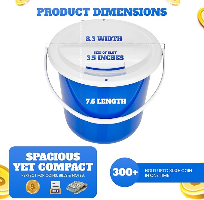 Plastic coin collection Bucket with removable lid and handle charity donation collection money box pail for fundraising with top slot for tickets raffles and money 7.5"Hx8.3"Diameter(Dark Blue) 4 pack