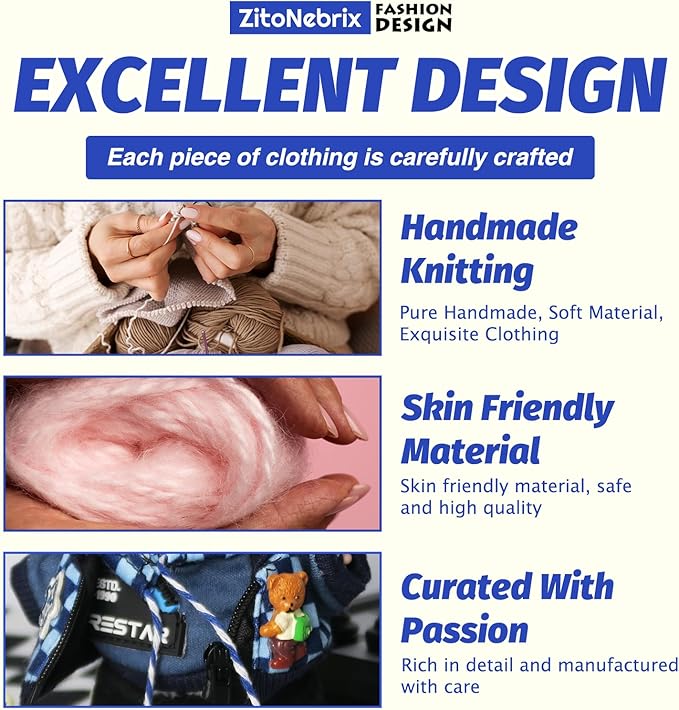 Cloth for Doll, 5-Piece Blue Streetwear Outfit for 17cm &15cm(NO Doll) – Trendy Blue Coordinated Set + Headband + Scarf + Jacket & Pants + Canvas Shoes-Handmade
