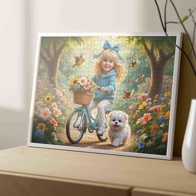 Tucocoo 1000 Piece Jigsaw Puzzle for Adults, Cute Girl on Bicycle with Puppy and Flowers – Whimsical Fantasy Puzzle for Adults, Scenic and Relaxing Art Puzzle for Stress Relief, Wall Decor DIY Gifts