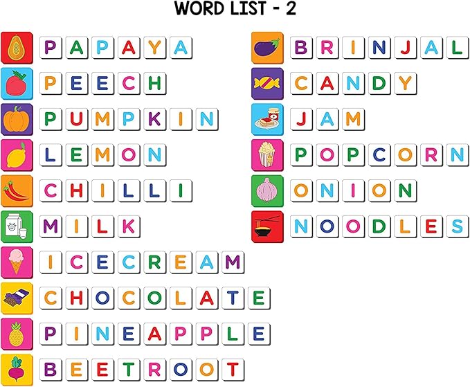 Magnetic Educational Toys for Kids Aged 3 4 5 6 – Learn to Spell Foods| 104 Magnet Pieces – 32 Picture & 72 Letter with Magnetic Board & Spelling Game Guide | Preschool Learning Toy for Girls & Boys