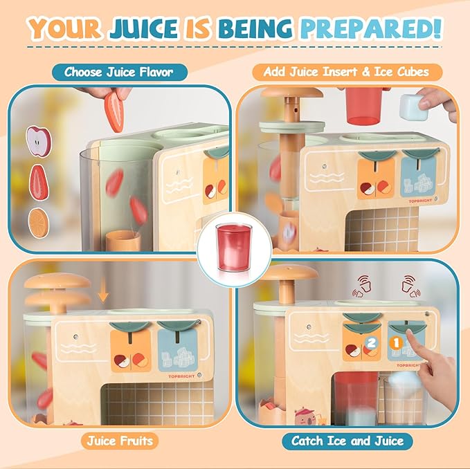 Top Bright Drink Dispenser Kids Play Kitchen Accessories, Pretend Play Toys Food with Sounds Effects, Wooden Kitchen Playset for Toddlers 3+