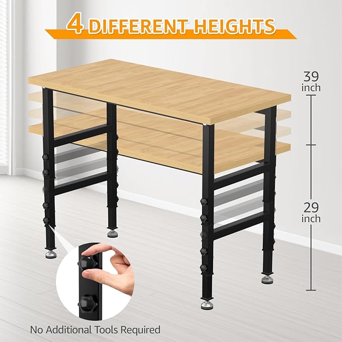 48" Adjustable Workbench,Heavy-Duty Work Table,3000 LBS Load Capacity Particleboard Hardwood Workstation Outlets with Fixed feet,for Workshop, Garage