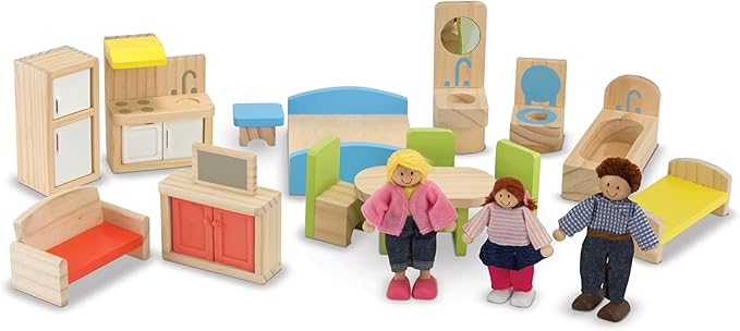 Melissa & Doug Hi-Rise Wooden Dollhouse with 15 pcs Furniture - Garage and Working Elevator