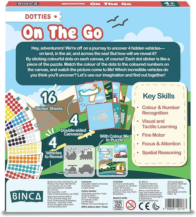 BINCA Dotties Dot Art Activity Kit - On the Go, 750+ Stickers, Vehicles Mess-Free Activities, DIY Dot Sticker Art for Toddlers, Kids Travel Activities, Craft Kits & Gifts for Boys & Girls Ages 4,5,6,7