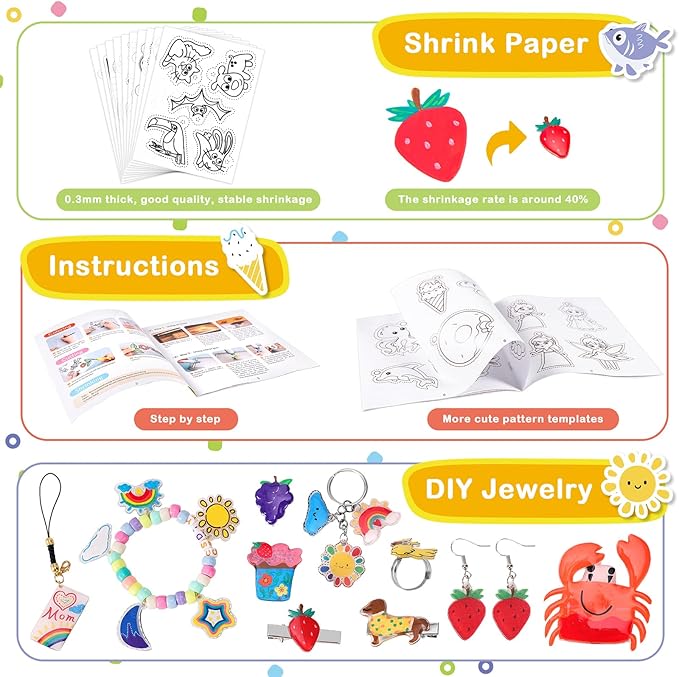 286 PCS Shrink Art Paper Kit Includes 14 PCS Shrink Plastic Sheets and 272 PCS DIY Accessories and Tools, Shrink Dink Kit for Bracelet Earring Making, Great Christmas Presents