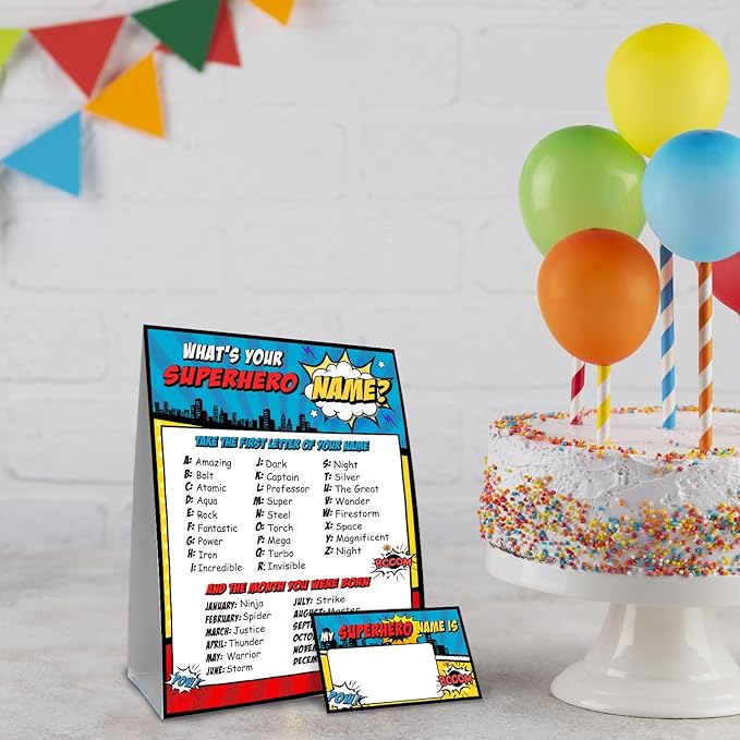 What is Your Superhero Name Game, Game Sign and 30 Cards, Superhero Birthday Party Sign for Boys, Holiday Activity, Kids Superhero Activity Cards, Superhero Activity Decoration Supplies