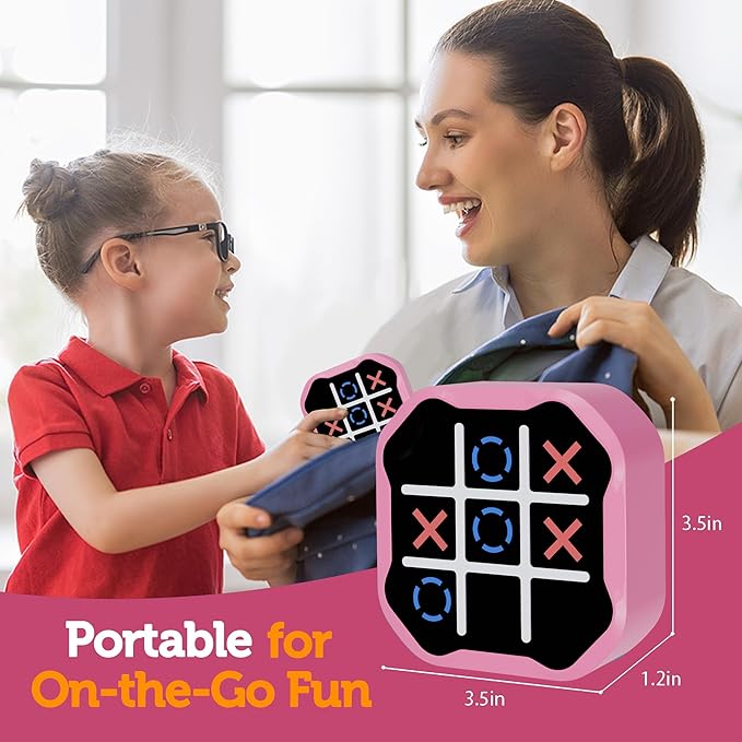 3-in-1 Electronic Tic Tac Toe Game, Handheld Travel Toy with Silent Mode, Fun for Kids and Adults, Pink