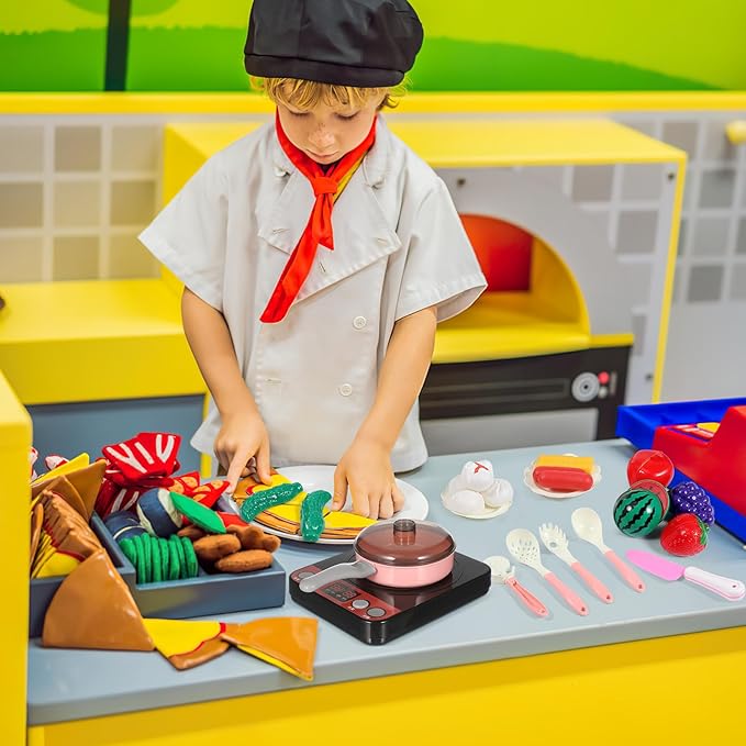 UPKOCH 86-Piece Interactive Kids Kitchen Playset with Electric Stove & Pressure Cooker - Pretend Play Cooking Toys for Toddlers, Cutting Vegetables & BBQ Grill Roleplay (Pink)