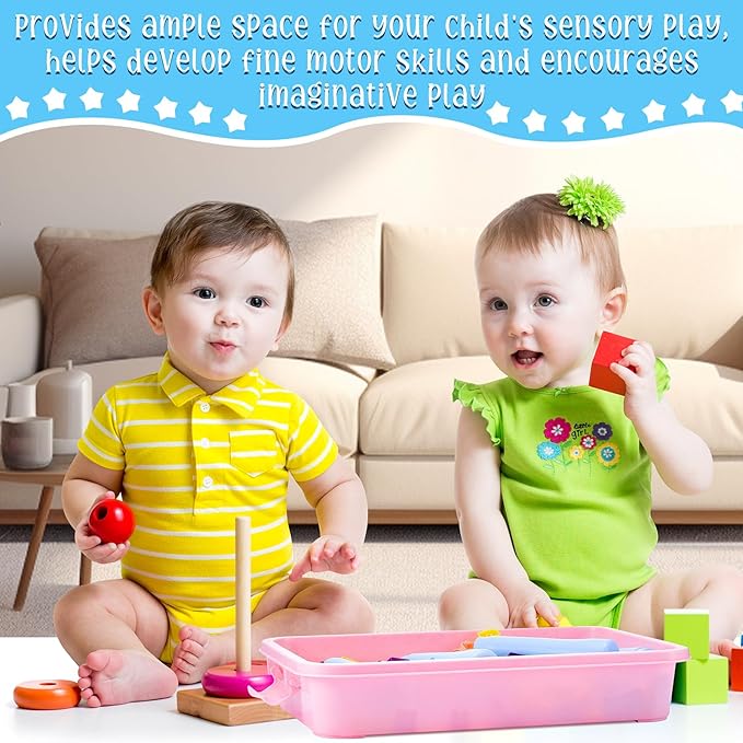 2 Pcs Sensory Bins Sand Tray with Lid, 15in Stackable Leak-Proof Plastic Sensory Tray for Sand & Water Play, Portable Bin for Kids 3 4 5 6, Easy Clean, Indoor Outdoor(Pink, Blue)