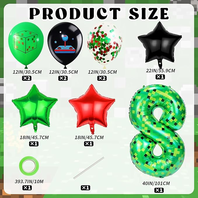 40in TNT Pixel Number 8 Balloon Birthday Decorations, Miner Theme Green Foil Balloons Blast Gaming Party Supplies