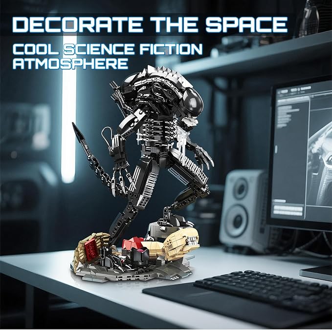 HIGH GODO Alien Mech Xenomorph Warrior Building Sets for Adult, Horror Action Figure Toy with Base,Gifts for Boys Aged 8-14, Perfect for Birthdays Christmases Halloweens, 882 Pieces