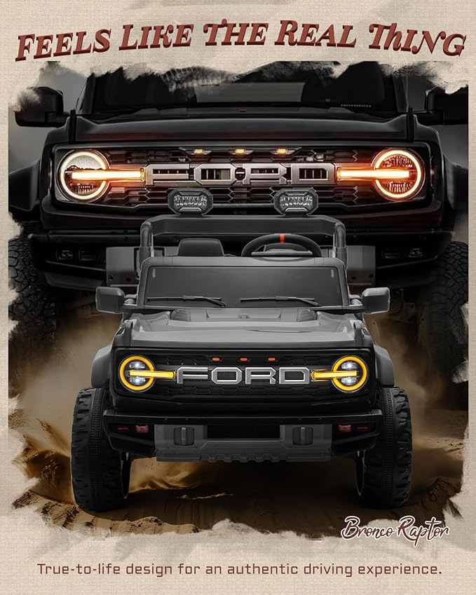 24V Ride on Toys for Big Kids, Licensed Ford Bronco Raptor Electric Car 2 Seater with Remote Control, Kids Ride on Cars w/ 2-Seater, 4.3 Mph Max Speed, Soft Start Function (24V, Black)