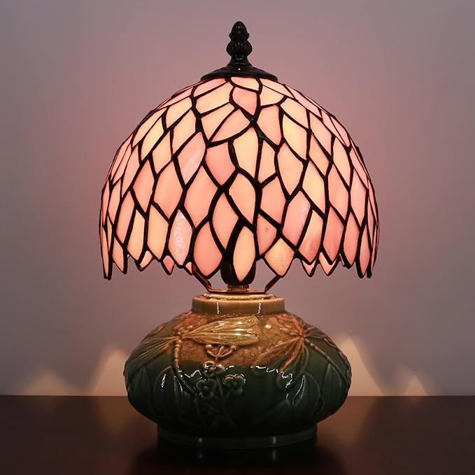 Small Tiffany Lamp Mushroom Table Lamp, Mini Stained Glass Desk Light Memory Sympathy Ceramic lamp 8X11 Inch (Pink Wisteria)