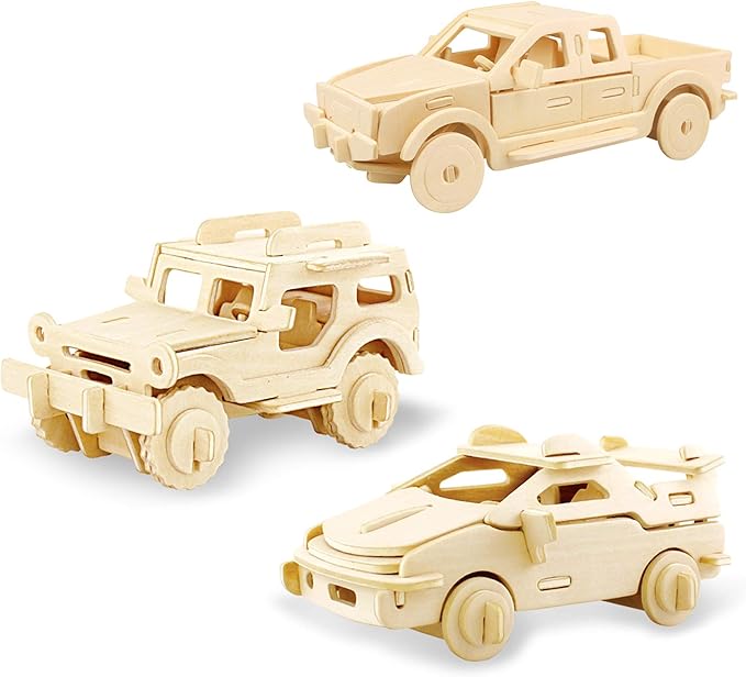 Georgie Porgy 3D Wooden Puzzles for Kids Toys Construction Woodcraft Kits DIY Model Puzzle Kits Birthday Gifts Pack of 3 (Sports Cars Off-Road Vehicle Pickup)