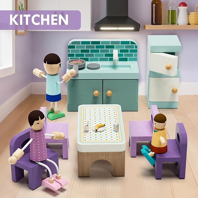 Lehoo Castle Wooden Dollhouse Furniture Set 39 Pcs with 5 Rooms, Family Dolls & Pets, All-Wooden Doll House Accessories and Furniture, Pretend Play Dollhouse Accessories Toy Gift for Kids 3+