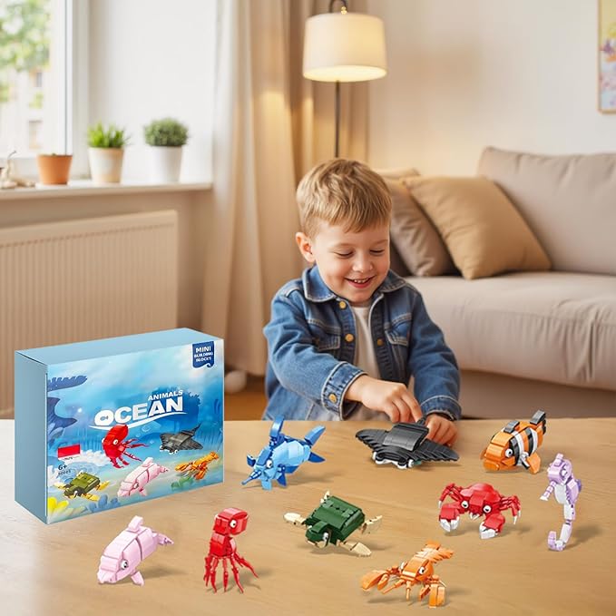 9 Packs Ocean Animals Building Sets,Party Favors for Kids Goodie Bags,Sea Animals Mini Building Blocks for Birthday Party Gift,Goodie Bags, Prize,Cake Topper