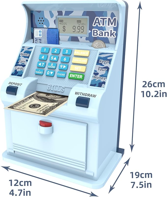 ATM Piggy Bank for Kids，ATM Bank Cash Coin Saving for Real Money with Debit Card，Coin Recognition, Balance Calculator, Electronic Savings Safe Box，Gift for Ages 6-13 Piggy Bank