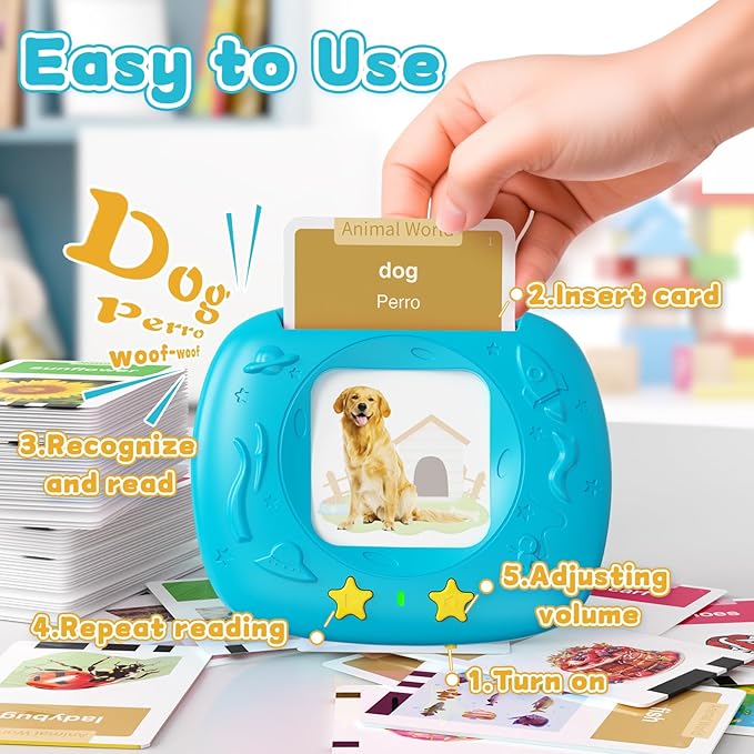 HOMESTEC Toddlers Bilingual Spanish & English Talking Flash Cards with 288 Sight Words, Speech Therapy Toys for 3 4 5 6 Years Old Boys and Girls, Learning Educational Kids Gifts (Blue)