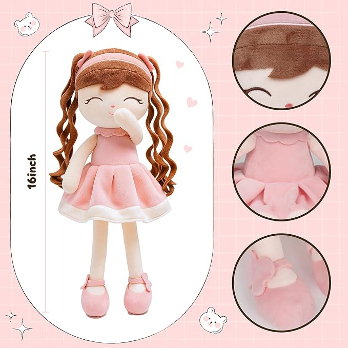 Soft Baby Doll Toys (16'') Baby Rag Doll for Girls Birthday Gift Christmas Plush Toys Gift for Toddler Kids (Pink)