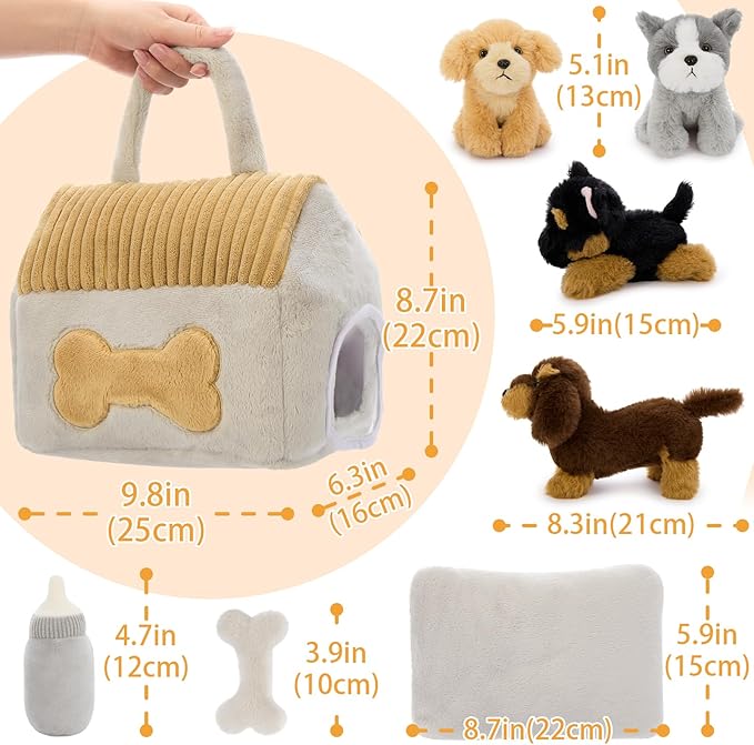 Muiteiur 8-Piece Dog House Plush Set, 9.8 Inch Plush Dog House Set with 4 Puppies, Magic Gate, Bottle, Bed Pad & Bone, Interactive Pet Toy for Kids